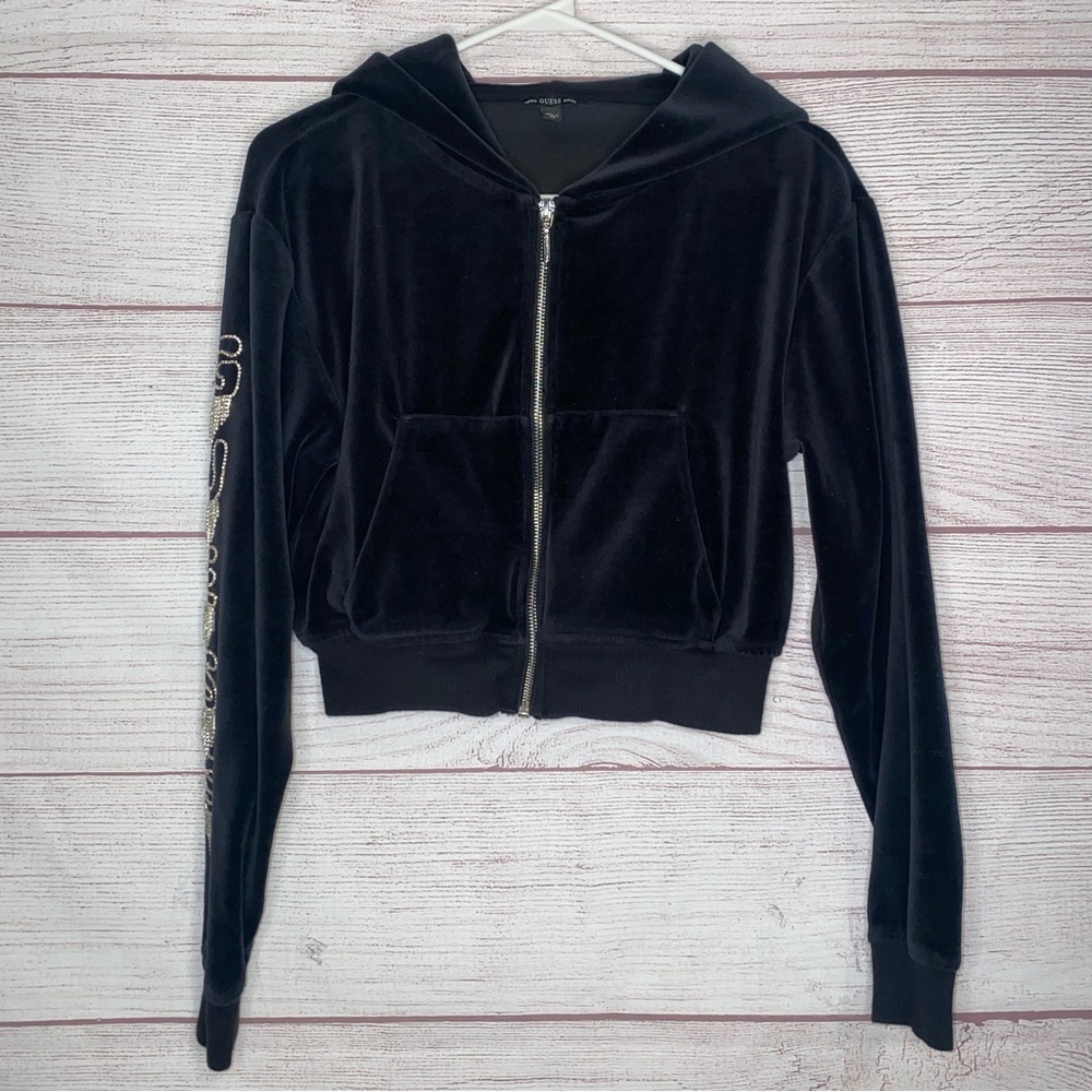 Guess Women’s black velvet zip up hoodie jacket vintage y2k